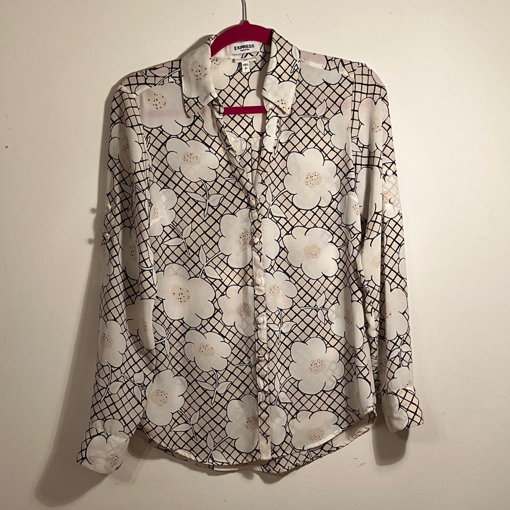 Express Portofino Cream and Black print blouse ( Small, slim fit)